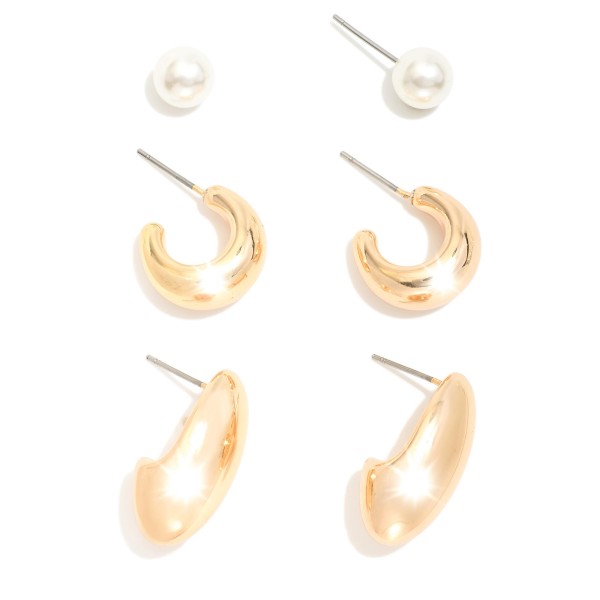 Wholesale set Three Earrings Metal Tones Pearl L
