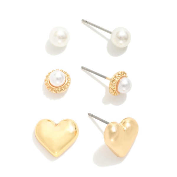 Wholesale set Three Studs Metal Tones Pearls L