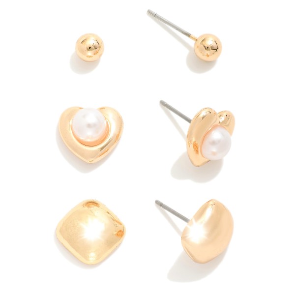 Wholesale set Three Stud Earrings Metal Tones Pearls L
