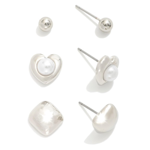 Wholesale set Three Stud Earrings Metal Tones Pearls L