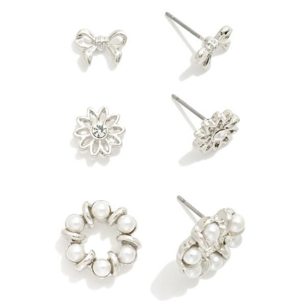 Wholesale set Three Stud Earrings Metal Tones Pearls Rhinestones L