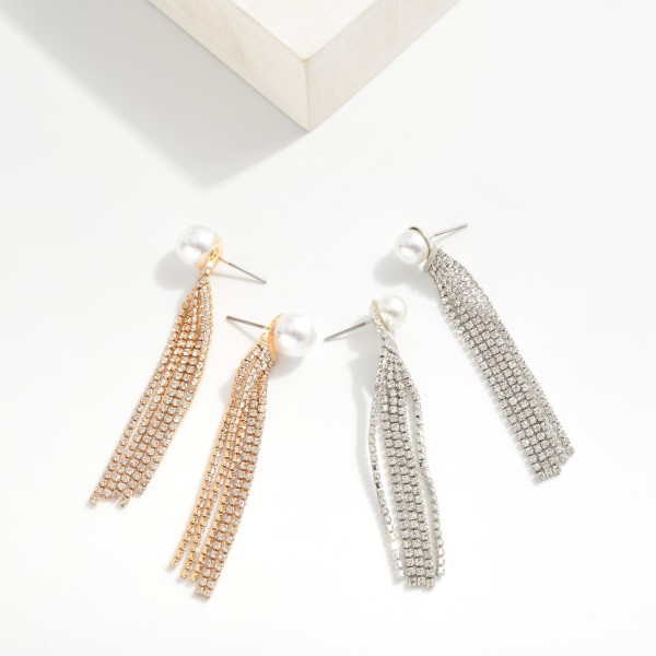 Pearl Post Drop Earrings With Rhinestone Tassel Accent
- Approximately 2.5" L