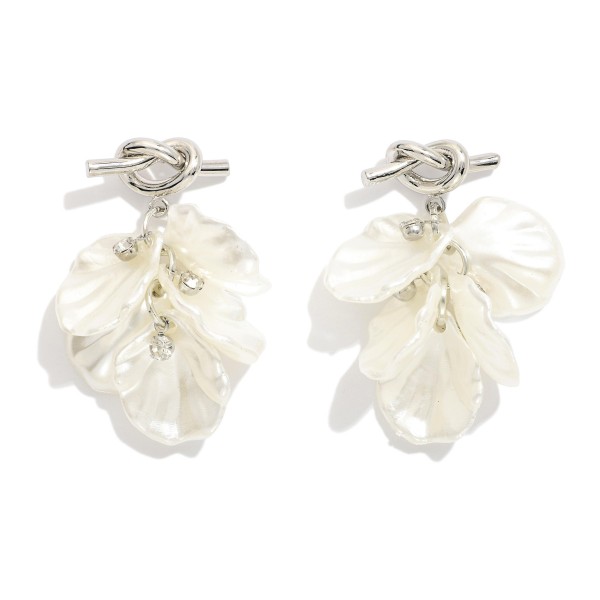 Pearlescent Flower Post Drop Earrings Featuring Metal Knot Post With Rhinestone Accents 

- Approximately 1.25" L