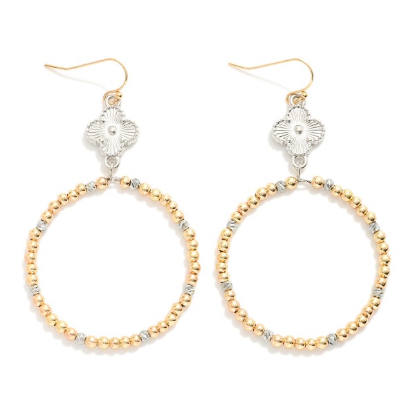Wholesale metal Beaded Drop Hoop Earrings Textured Clover Accent L