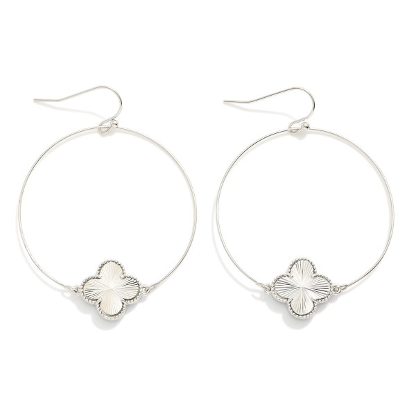 Wholesale metal Wire Drop Hoop Earrings Featured Textured Clover Accent L