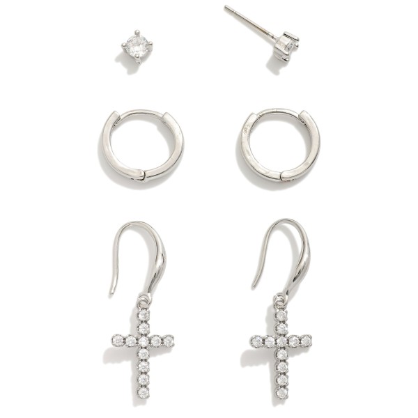 Wholesale set Three Metal Earrings Rhinestone Studs Hoops Rhinestone Cross Drop