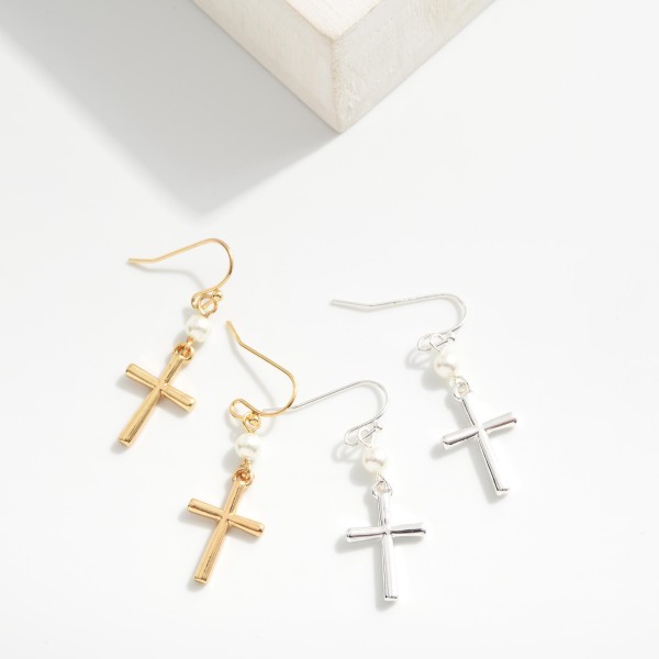 Metal Cross and Pearl Drop Earrings
 - Approximately 1.75" L