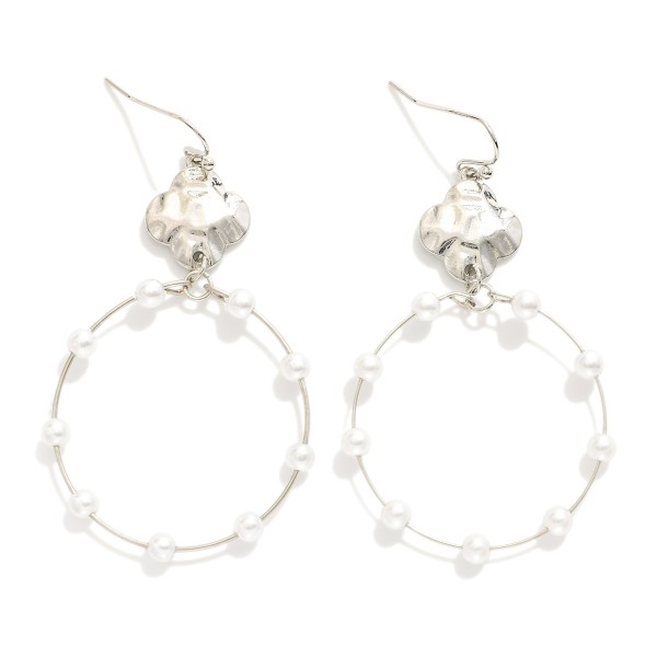 Wholesale linked Hammered Metal Clover Hoop Drop Earrings Pearl Details L
