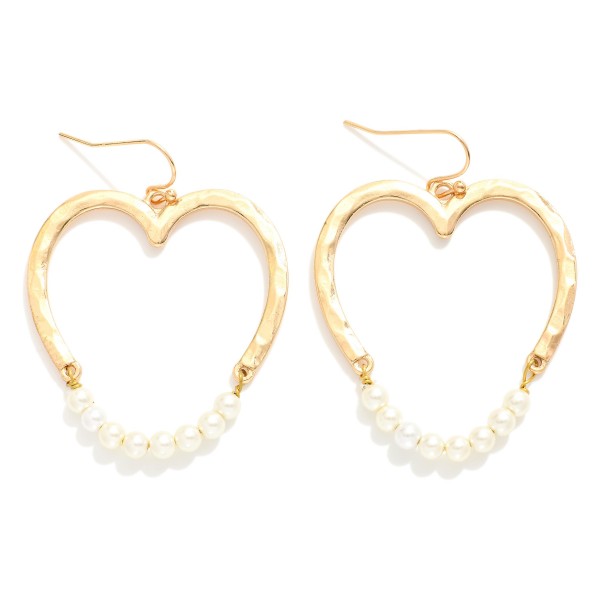 Wholesale hammered Metal Hollow Heart Drop Earrings Linked Pearl Beaded Wire Det