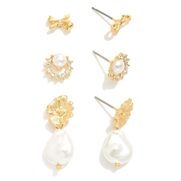 Wholesale set Three Stud Earrings Metal Tones Pearls Rhinestones L