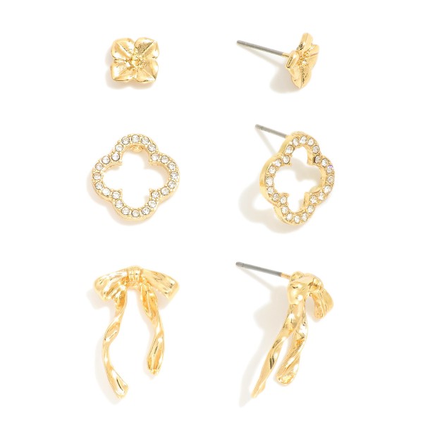 Wholesale set Three Metal Stud Earrings Clovers Bows Rhinestones L