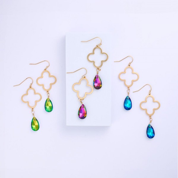 Linked Hollow Metal Clover & Glass Crystal Teardrop Drop Earrings
- Approximately 2" L