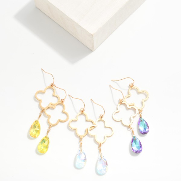 Linked Hollow Metal Clover & Glass Crystal Teardrop Drop Earrings
- Approximately 2" L