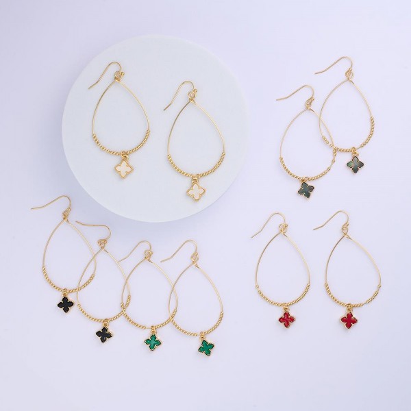 Metal Tone Wire Teardrop Drop Earrings Featuring Gold Beads & Clover Dangle
- Approximately 2.5" L