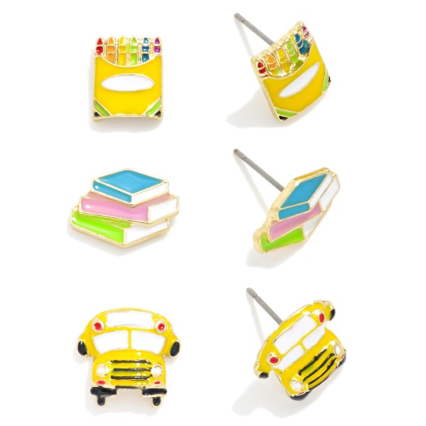 Set of Three Back to School Stud Earrings Featuring Bus, Books, and Crayons 

- Approximately .5- .50" in Diameter
- Gold Dipped

