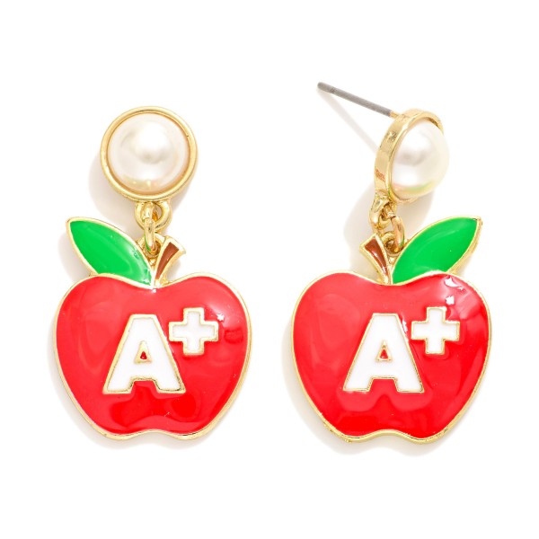Wholesale enamel Apple Post Drop Earrings Pearl Post Gold Dipped L