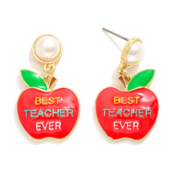 Wholesale enamel Apple BEST TEACHER EVER Post Drop Earrings Pearl Post Gold Dipp