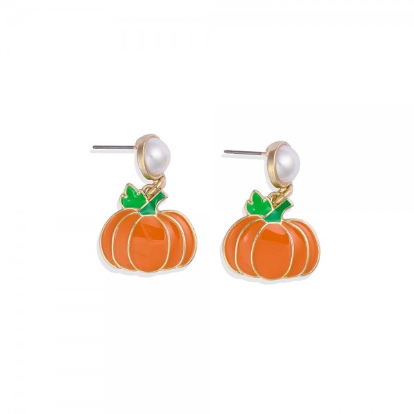Wholesale enamel Pumpkin Post Drop Earrings Pearl Post Gold Dipped L