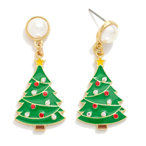 Enamel Christmas Tree Drop Earrings With Pearl Post Drop Featuring Rhinestone Accents

- Approximately 1.75" L

