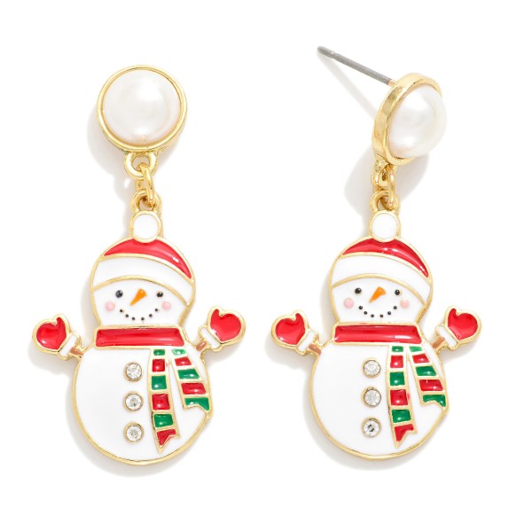 Enamel Christmas Snowman Earrings With Pearl Post Drop 

- Approximately 1.5" L
