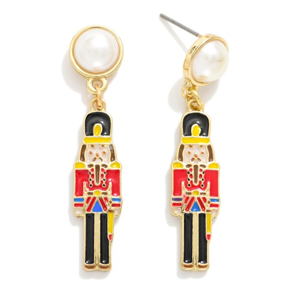 Enamel Christmas Nutcracker Earrings With Pearl Post Drop 

- Approximately 1.75" L
