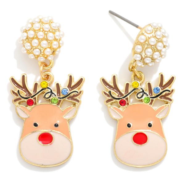 Enamel Christmas Reindeer Drop Earrings With Pearl Studded Post Drop 

- Approximately 1.5" L
