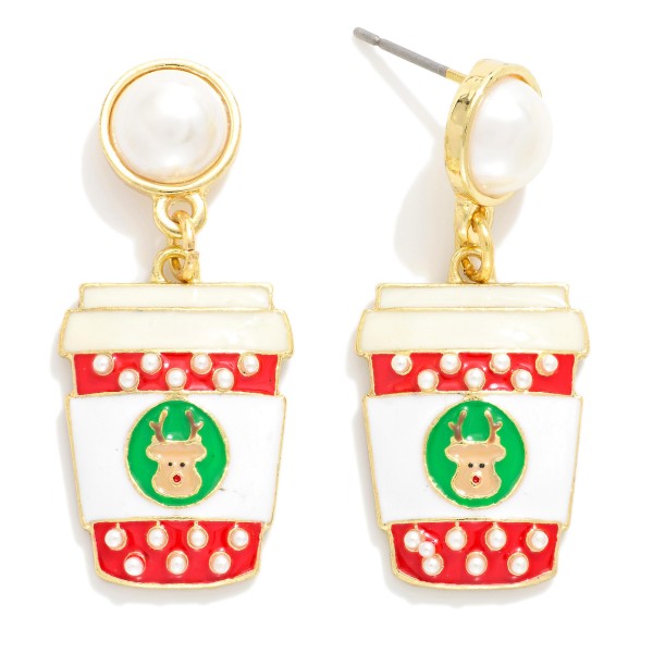 Enamel Christmas Coffee Drop Earrings With Pearl Post Drop Featuring Pearls 

- Approximately 1.5" L
