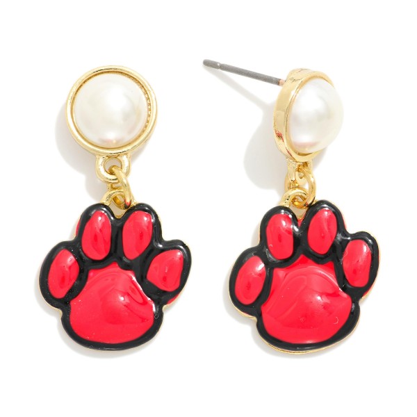Enamel Paw Print Post Drop Earrings Featuring Pearl Post 

- Gold Dipped 
- Approximately 1.25" L