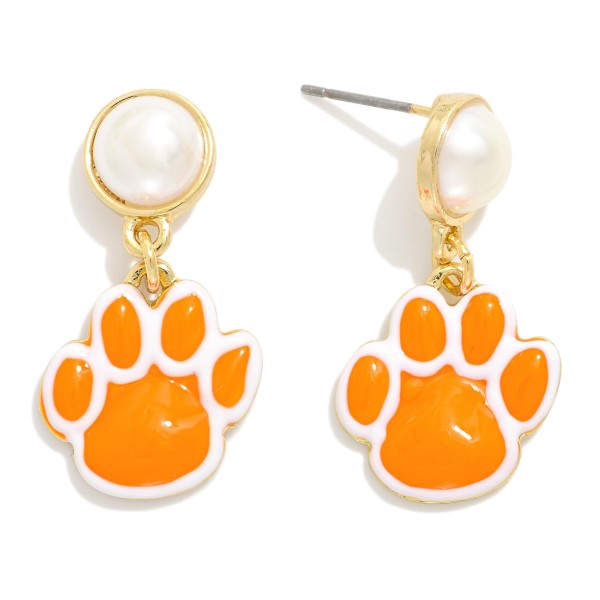 Enamel Paw Print Post Drop Earrings Featuring Pearl Post 

- Gold Dipped 
- Approximately 1.25" L