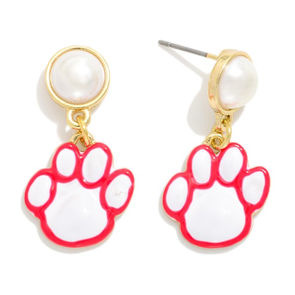 Enamel Paw Print Post Drop Earrings Featuring Pearl Post 

- Gold Dipped 
- Approximately 1.25" L