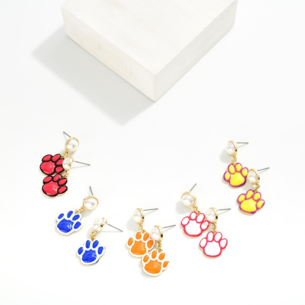 Enamel Paw Print Post Drop Earrings Featuring Pearl Post 

- Gold Dipped 
- Approximately 1.25" L