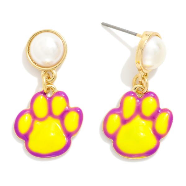 Enamel Paw Print Post Drop Earrings Featuring Pearl Post 

- Gold Dipped 
- Approximately 1.25" L