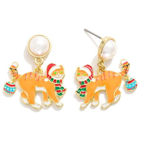 Enamel Christmas Cat Earrings With Pearl Post Drop 

- Approximately 1" L

