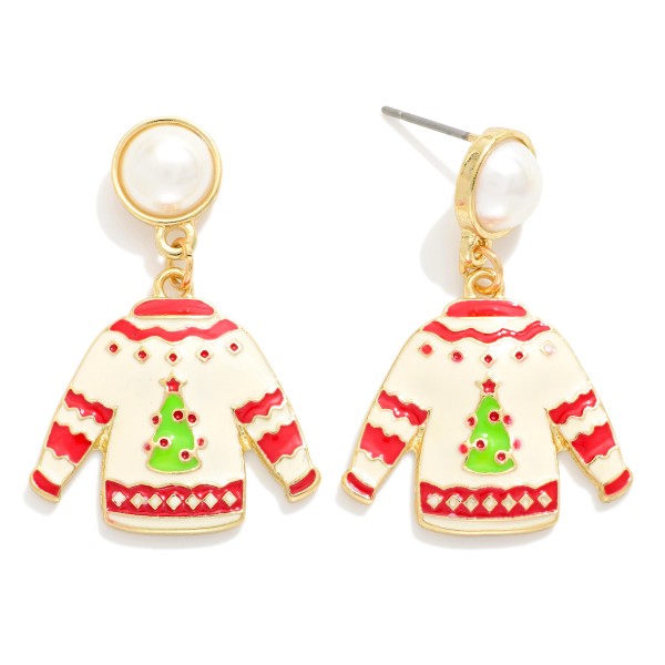 Enamel Christmas Sweater Earrings With Pearl Post Drop Earrings

- Approximately 1" L
