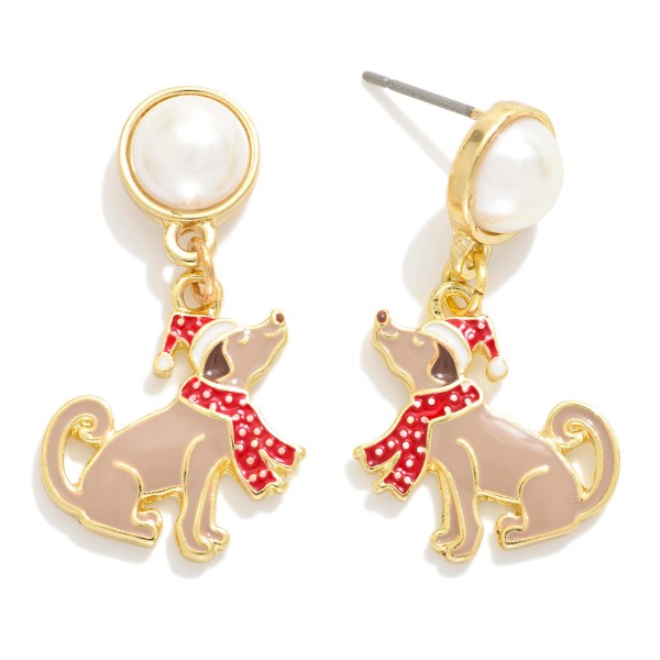 Enamel Christmas Dog Drop Earrings With Pearl Post Drop Earring

- Approximately 1.05" L 


