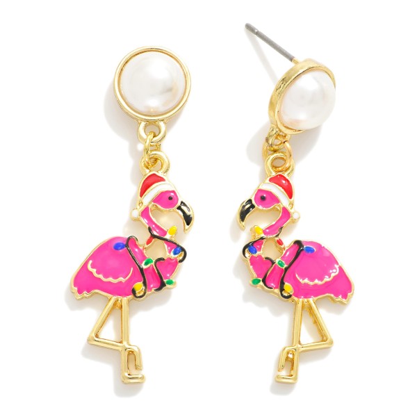 Enamel Christmas Flamingo Earrings With Pearl Post Drop 

- Approximately 1.75" L

