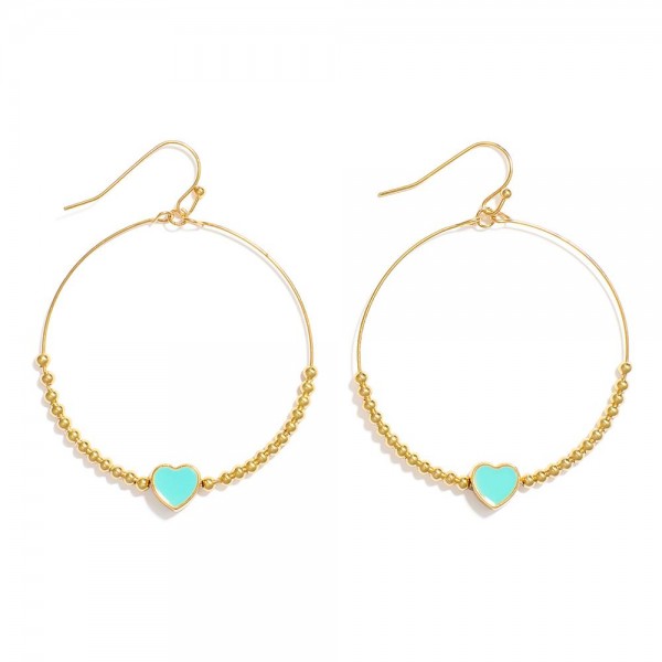 Metal Tone Beaded Wire Hoop Drop Earrings Featuring Enamel Heart Detail

- Approximately 2" L