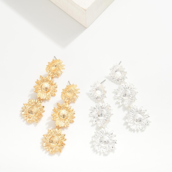 Linked Metal Tone Sunflower Post Drop Earrings
- Approximately 2" L