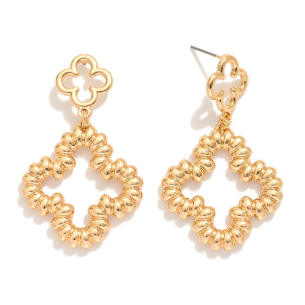 Wholesale ridged Metal Clover Post Drop Earrings Hollow Metal Clover Post L