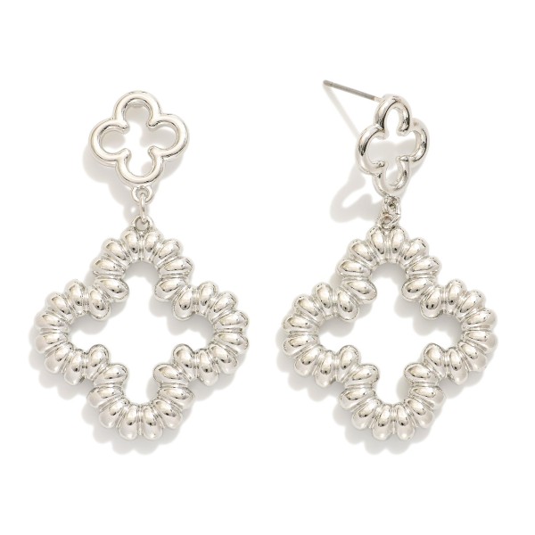 Wholesale ridged Metal Clover Post Drop Earrings Hollow Metal Clover Post L