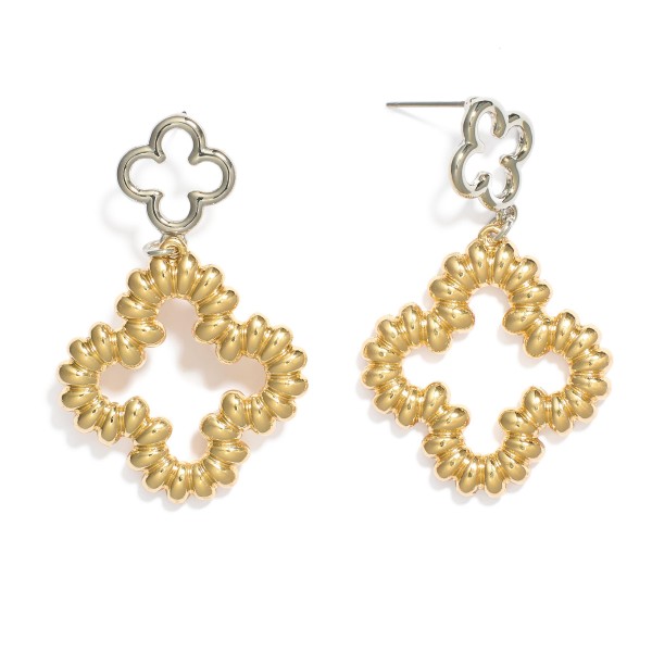 Wholesale ridged Metal Clover Post Drop Earrings Hollow Metal Clover Post L