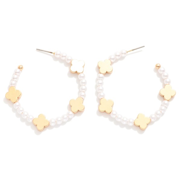 Wholesale pearl Beaded Hoop Earrings Metal Clover Accents D