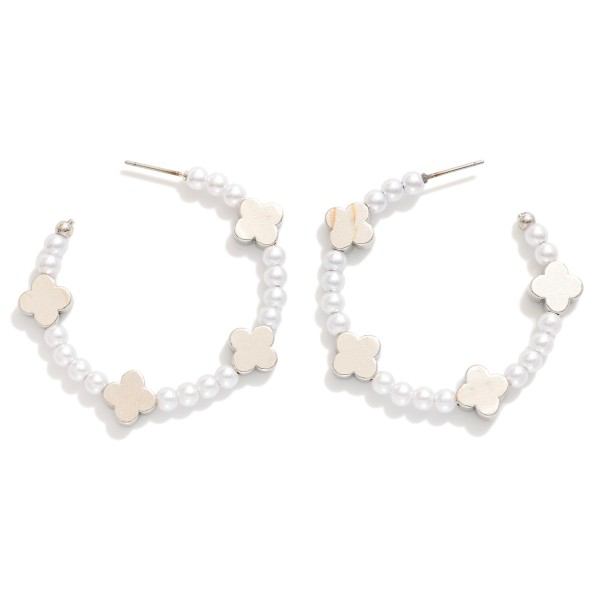 Wholesale pearl Beaded Hoop Earrings Metal Clover Accents D