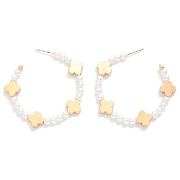 Wholesale pearl Beaded Hoop Earrings Metal Clover Accents D