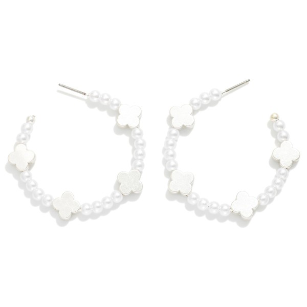 Wholesale pearl Beaded Hoop Earrings Metal Clover Accents D