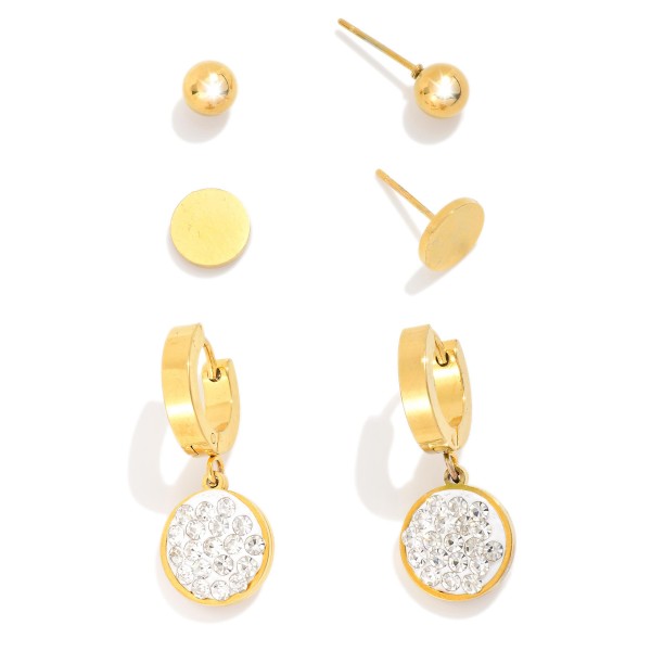 Wholesale set Three Metal Stud Huggie Hoop Earrings Rhinestone Accents L