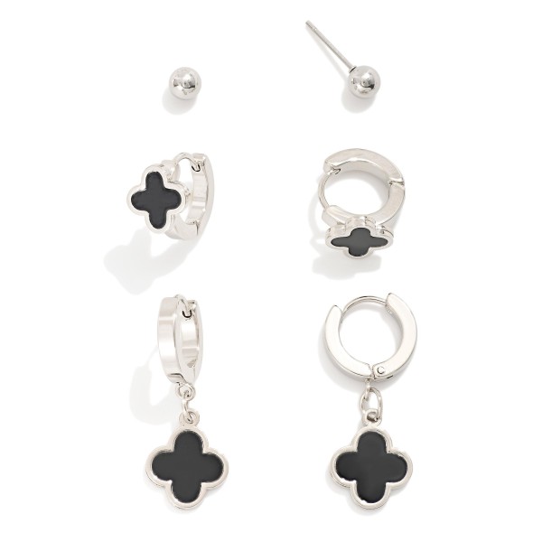 Set Of Three Metal Tone Stud & Huggie Hoop Earrings Featuring Clover Accents 

- Approximately .25"-1" L