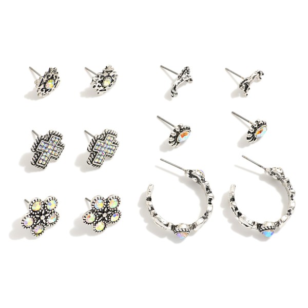 Wholesale set Six Western Stud Hoop Earrings Stone Accents L