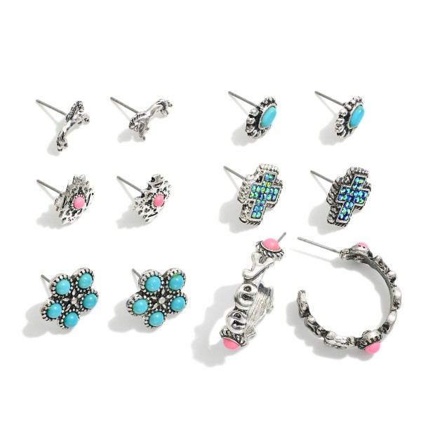 Wholesale set Six Western Stud Hoop Earrings Stone Accents L