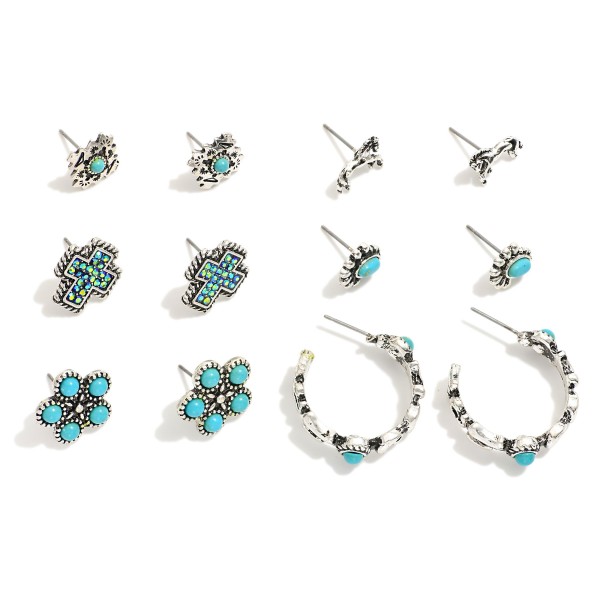 Wholesale set Six Western Stud Hoop Earrings Stone Accents L